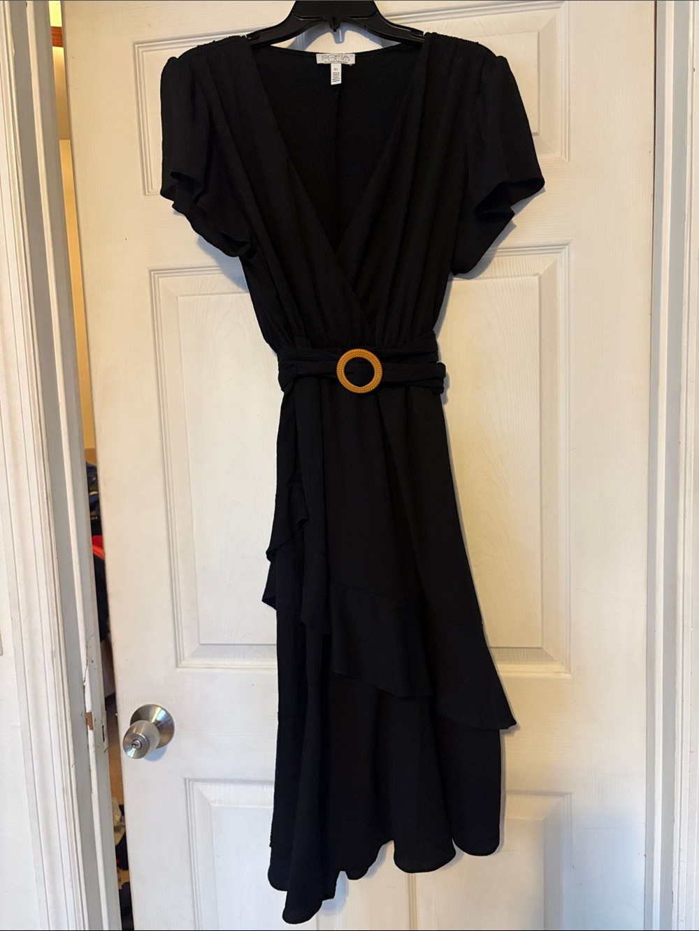 Black V-Neck Midi Dress with Belted Waist